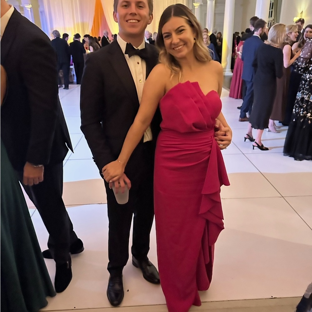 Strapless Ruffle-Detail Evening Gown in Fuchsia